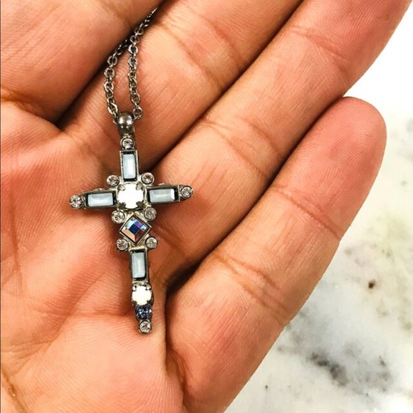 Sorrelli Glacier Blue Crystal Cross Necklace with antique silver finish - Picture 3 of 12